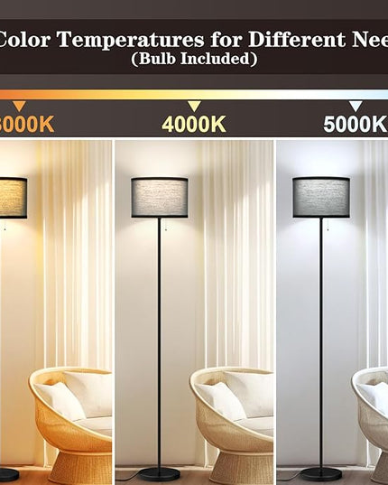 LED Floor Lamp for Living Room, Simple Design Tall Lamp for Bedroom, Modern Floor Lamp with Shade, Black Pole Lamp with Drum Shade, Pull Chain Standing Lamp for Kids Room Dining Room (Bulb Included) - LeafyLoom