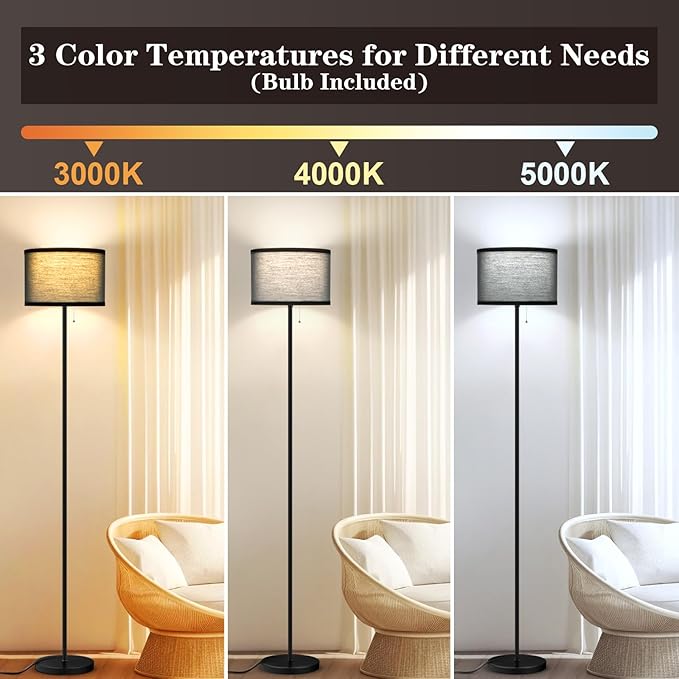 LED Floor Lamp for Living Room, Simple Design Tall Lamp for Bedroom, Modern Floor Lamp with Shade, Black Pole Lamp with Drum Shade, Pull Chain Standing Lamp for Kids Room Dining Room (Bulb Included) - LeafyLoom