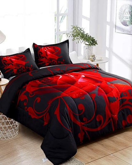 Red Comforter Set Full Reversible Red Rose Pattern Printed Bedding Down Comforter with 2 Pillowcases for All Seasons, Soft Microfiber Lightweight Bedding Set,Full(80"x90") - LeafyLoom