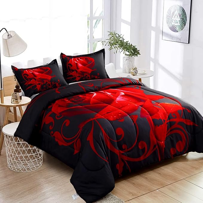 Red Comforter Set Full Reversible Red Rose Pattern Printed Bedding Down Comforter with 2 Pillowcases for All Seasons, Soft Microfiber Lightweight Bedding Set,Full(80"x90") - LeafyLoom