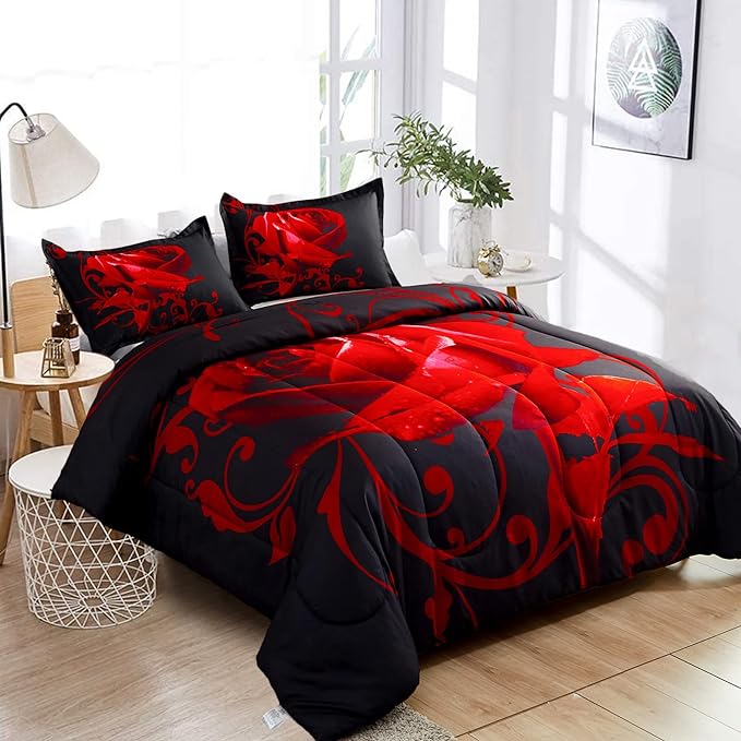 WONGS BEDDING Red Comforter Set King Reversible Red Rose Pattern Printed Bedding Down Comforter with 2 Pillowcases for All Seasons, Soft Microfiber Lightweight Bedding Set 103"x90" - LeafyLoom
