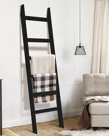 TEAKMAMA Blanket Ladder for Living Room and Bedroom, 5.4 Ft Wall Leaning Blanket Rack, Rustic Decorative Farmhouse Blanket Storage, Quilt Rack, Ladder Holder, Easy to Assemble (Black) - LeafyLoom