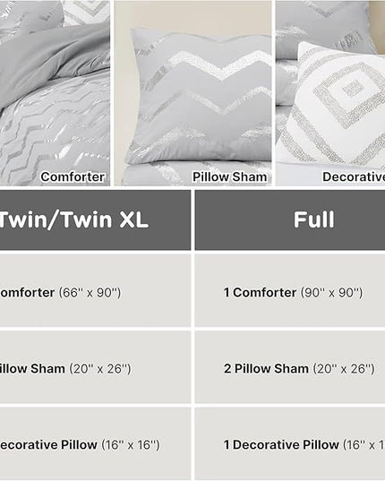 Codi Grey Queen Comforter Set, Silver Print Bedding Sets for Queen Size Bed - 4 Piece includes 1 Queen/Full Comforter with 1 Decorative Pillow and 2 Pillow Cases - All Season Warm - LeafyLoom