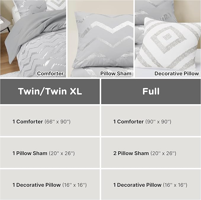 Codi Grey Queen Comforter Set, Silver Print Bedding Sets for Queen Size Bed - 4 Piece includes 1 Queen/Full Comforter with 1 Decorative Pillow and 2 Pillow Cases - All Season Warm - LeafyLoom