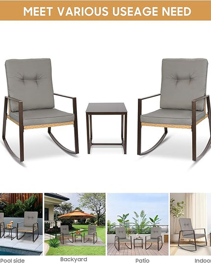 YIYAN 3 Piece Bistro Set Outdoor Patio Rocking Wicker Chairs, Patio Outdoor Furniture Conversation Sets with Porch Chairs,Coffee Table and Washable Cushion(Gray) - LeafyLoom