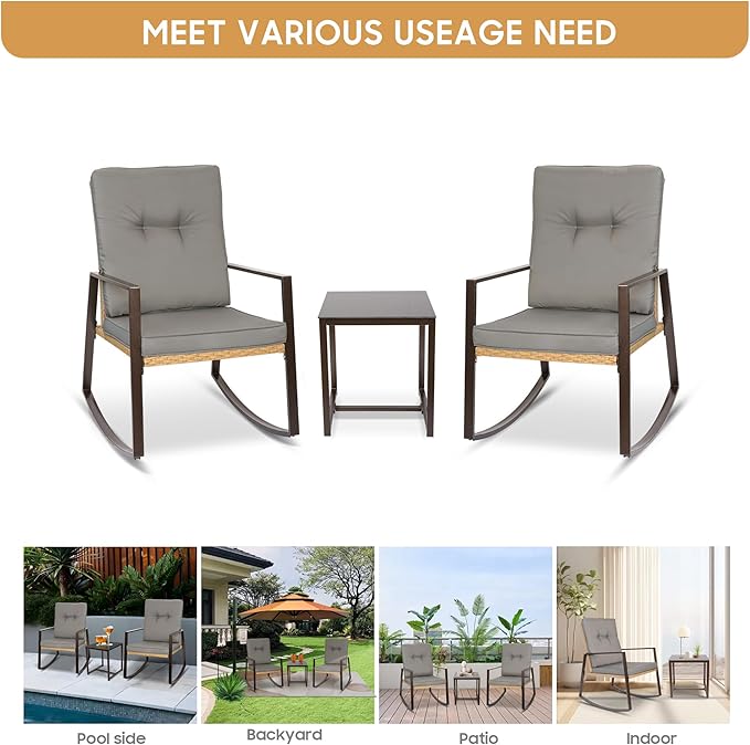 YIYAN 3 Piece Bistro Set Outdoor Patio Rocking Wicker Chairs, Patio Outdoor Furniture Conversation Sets with Porch Chairs,Coffee Table and Washable Cushion(Gray) - LeafyLoom