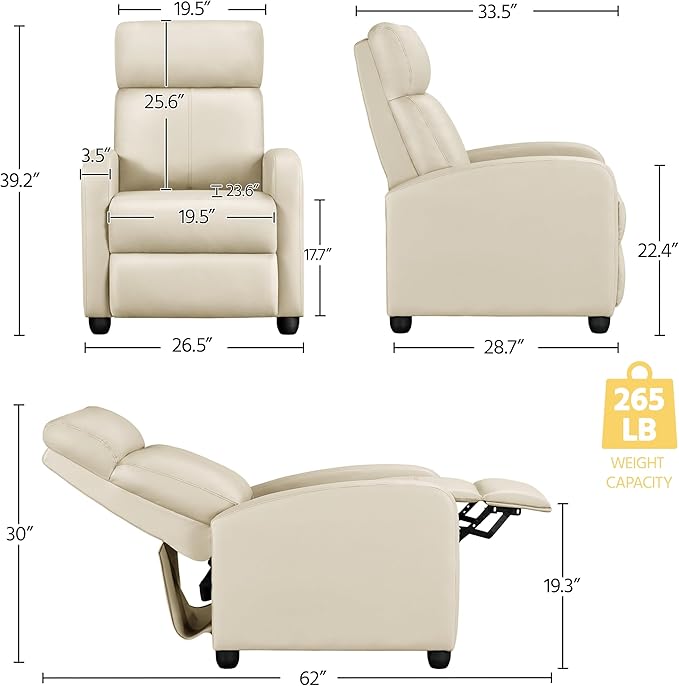 Yaheetech Recliner Chair PU Leather Recliner Sofa Home Theater Seating Adjustable Modern Single Reclining Chair Sofa with Pocket Spring Living Room Bedroom Beige - LeafyLoom