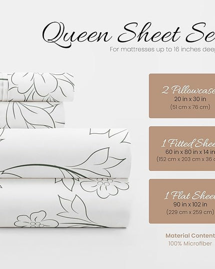 Simply Soft 4 Piece Sheet Set Vines Patterned, Queen, Vines Gray (SS-4PC-VIN-QUEEN-GR) - LeafyLoom