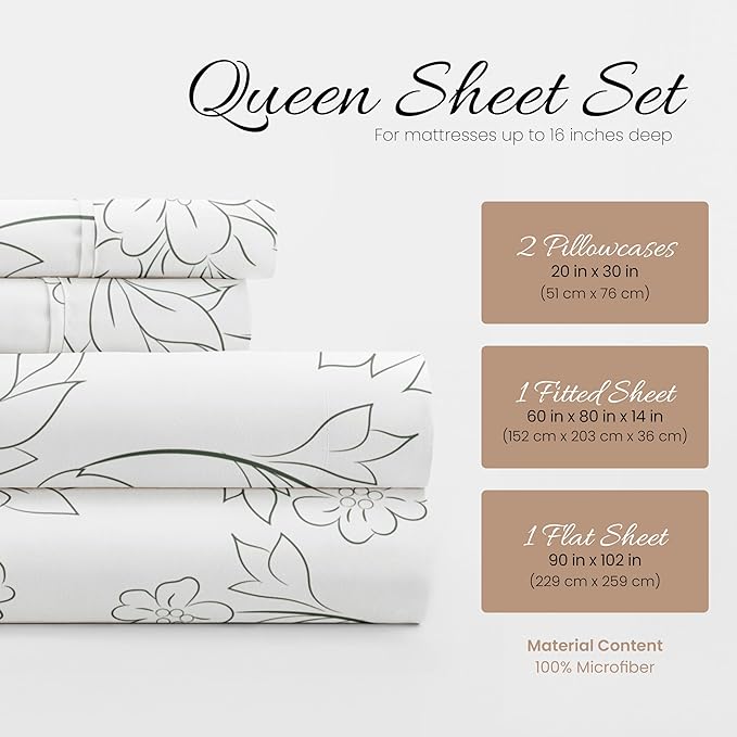 Simply Soft 4 Piece Sheet Set Vines Patterned, Queen, Vines Gray (SS-4PC-VIN-QUEEN-GR) - LeafyLoom
