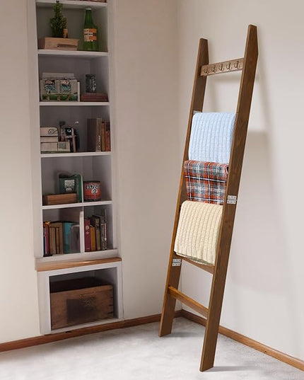 TEAKMAMA Blanket Ladder for Living Room and Bedroom, 5.4 Ft Wall Leaning Blanket Rack, Rustic Decorative Farmhouse Blanket Storage, Quilt Rack, Ladder Holder, Easy to Assemble (Red Brown) - LeafyLoom