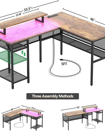 L Shaped Computer Desk, Reversible Office Desk with Magic Power Outlet and Smart LED Light, Sturdy Corner Desk with Monitor Stand, Cool Gaming Table, Attractive Grid Design, Rustic Brown - LeafyLoom