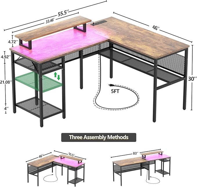 L Shaped Computer Desk, Reversible Office Desk with Magic Power Outlet and Smart LED Light, Sturdy Corner Desk with Monitor Stand, Cool Gaming Table, Attractive Grid Design, Rustic Brown - LeafyLoom