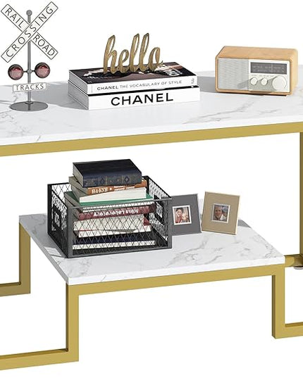 Coffee Table White Faux Marble Coffee Table for Living Room,2 Tiers Rectangle Center Table with Sturdy Metal Frame,Modern Marble Living RoomTable Accent Table for Bedroom Home Office - LeafyLoom