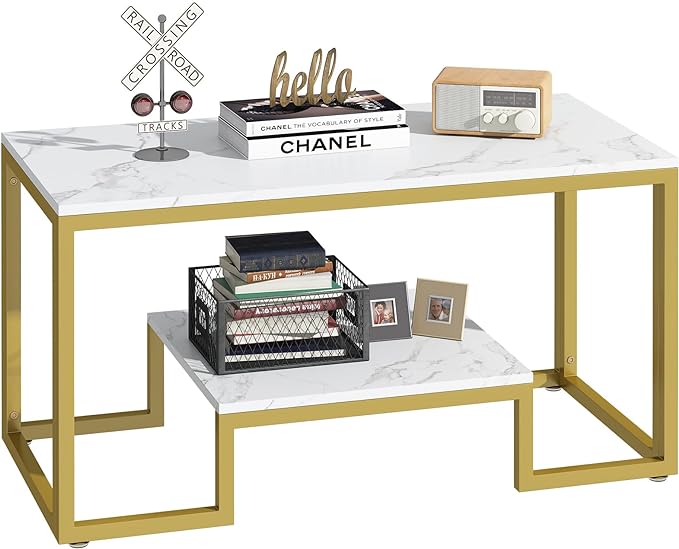 Coffee Table White Faux Marble Coffee Table for Living Room,2 Tiers Rectangle Center Table with Sturdy Metal Frame,Modern Marble Living RoomTable Accent Table for Bedroom Home Office - LeafyLoom