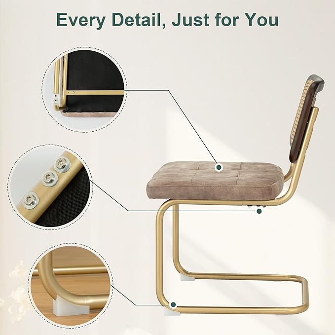 Mid Century Modern Dining Chairs Set of 2, Rattan Cantilever Kitchen Chairs, Dining Room Chairs Light Brown Upholstered, Solid Wood Cane Back, Gold Stainless Chrome Base Heavy Duty - LeafyLoom