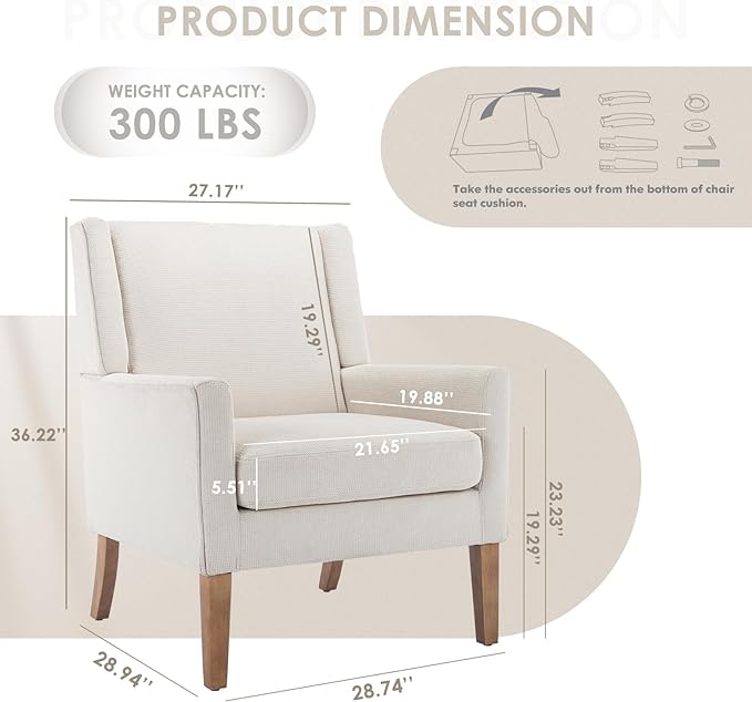 COLAMY Modern Wingback Living Room Chair, Upholstered Fabric Accent Armchair, Single Sofa chair with Lounge Seat and Wood Legs for Bedroom/Office/Reading Spaces, Beige - LeafyLoom
