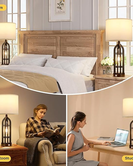 Table Lamp for Living Room - White Farmhouse Lamps for Night Stands with USB C+A, 3 Way Dimmable End Table Lamps Set of 2, Vintage Bedside Lamp for End Tables, Rustic Nightstand Lamps for Bedroom - LeafyLoom