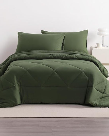 NTBAY Twin Comforter Set with Sheets, 5 Pieces Soft and Breathable Twin Bedding Set, Twin Bed in a Bag, Down Alternative Comforter Set Solid Color All Season, Kids Bedding Set, Olive Green - LeafyLoom
