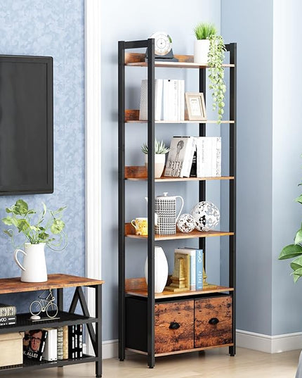 Furologee 6-Tier Bookshelf, Tall 71" Rustic Bookcase with 2 Drawers Storage Organizer, Industrial Display Free Standing Shelf Units, Wood and Metal Storage Rack for Home Office, Bedroom, Rustic Brown - LeafyLoom