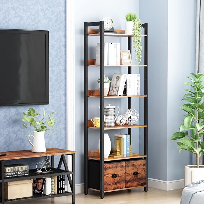 Furologee 6-Tier Bookshelf, Tall 71" Rustic Bookcase with 2 Drawers Storage Organizer, Industrial Display Free Standing Shelf Units, Wood and Metal Storage Rack for Home Office, Bedroom, Rustic Brown - LeafyLoom