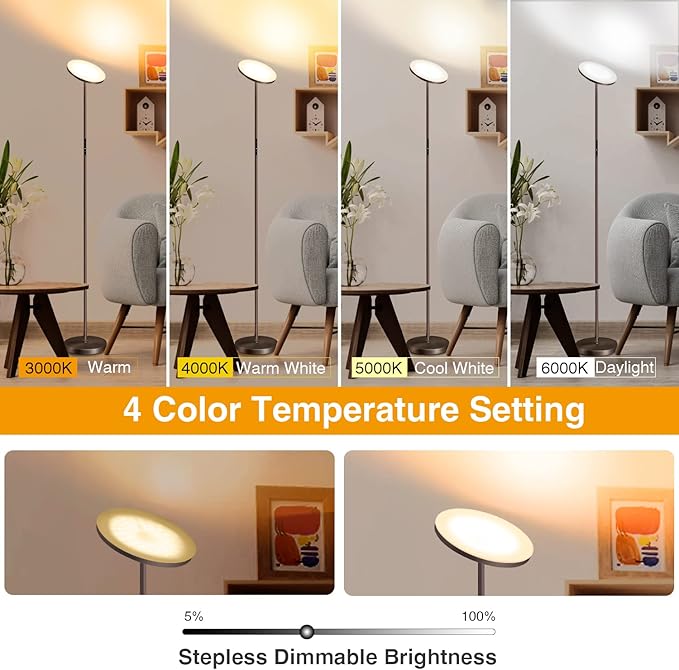 OUTON Floor Lamp, 30W/3000LM LED Modern Torchiere Sky Lamp, Dimmable Bright Standing Tall Lamp with 4 Color Temperatures, 1 Hour Timer, Remote Touch Control for Living Room Bedroom, Office, Bronze - LeafyLoom