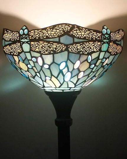 WERFACTORY Tiffany Floor Lamp Sea Blue Stained Glass Dragonfly Light 12X12X66 Inches Pole Torchiere Standing Corner Torch Uplight Decor Bedroom Living Room Home Office S147 Series - LeafyLoom