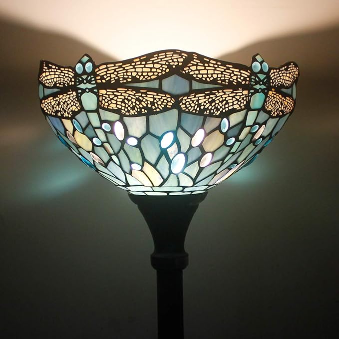 WERFACTORY Tiffany Floor Lamp Sea Blue Stained Glass Dragonfly Light 12X12X66 Inches Pole Torchiere Standing Corner Torch Uplight Decor Bedroom Living Room Home Office S147 Series - LeafyLoom