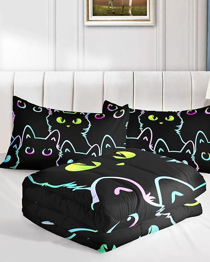 Axolotl Kids Bedding Cartoon Twin Size,Gradient Line Cute Cat Bedding Set for Teens Kids Boys Girls Adults Room Decor, All Season,1 Comforter 2 Pillow Cases,Black - LeafyLoom