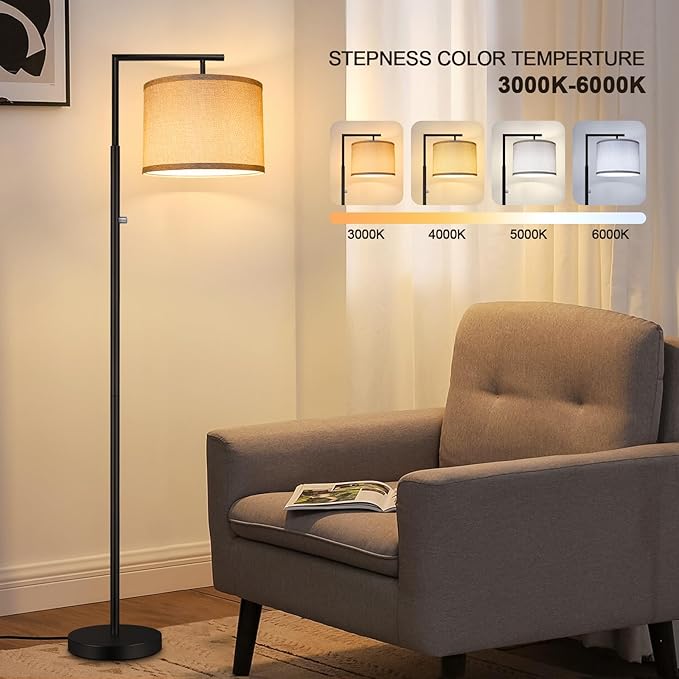 Dimmable Floor Lamp, 4-Color Temperature Modern Standing Lamp with Remote Control & Gray Shade, Tall Pole Floor Lamp for Living Room, Bedroom, Study Room, Office (LED Bulb Included) - Black - LeafyLoom