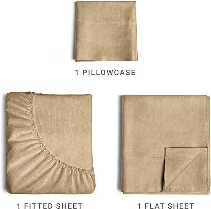 Twin Size 3 Piece Sheet Set - Comfy Breathable & Cooling Sheets - Hotel Luxury Bed Sheets for Women & Men - Deep Pockets, Easy-Fit, Soft & Wrinkle Free Sheets - Heathered Tan Oeko-Tex Bed Sheet Set - LeafyLoom