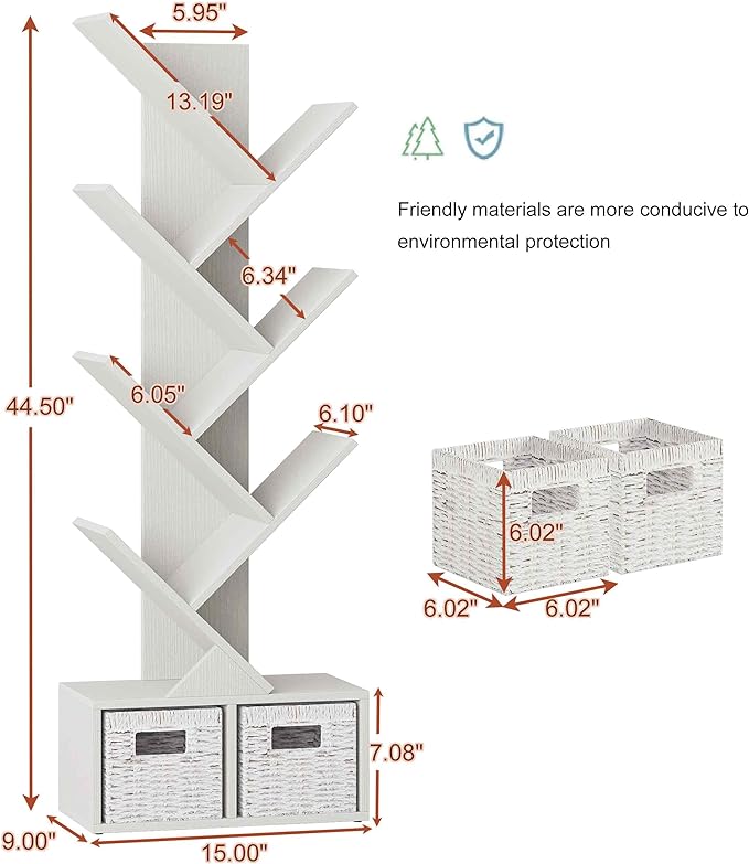 Vagusicc 6 Tier Tree Bookshelf - Modern Shelf Floor Standing Bookcase with Baskets, Tall Wood Book Storage Rack for Books/CDs, Tree Utility Book Organizer Shelves for Living Room, Home Office, Bedroom - LeafyLoom
