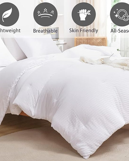 White Seersucker Comforter Set Queen Size (90x90 in), 3 Pieces Soft Crinkled Textured Comforter with 2 Pillowcases, Lightweight Microfiber Down Alternative Bedding Set for All Season - LeafyLoom