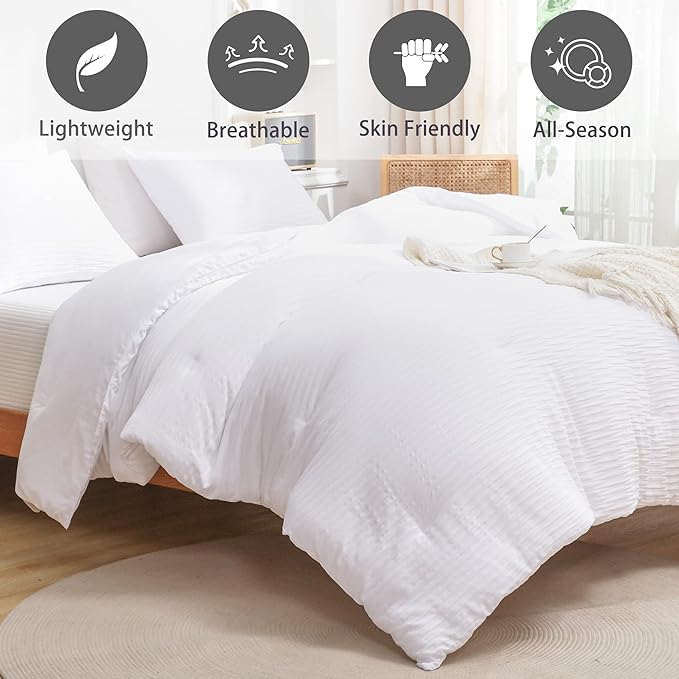 White Seersucker Comforter Set Queen Size (90x90 in), 3 Pieces Soft Crinkled Textured Comforter with 2 Pillowcases, Lightweight Microfiber Down Alternative Bedding Set for All Season - LeafyLoom