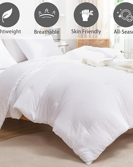 White Seersucker Comforter Set Full Size (79x90 in), 3 Pieces Soft Crinkled Textured Comforter with 2 Pillowcases, Lightweight Microfiber Down Alternative Bedding Set for All Season - LeafyLoom