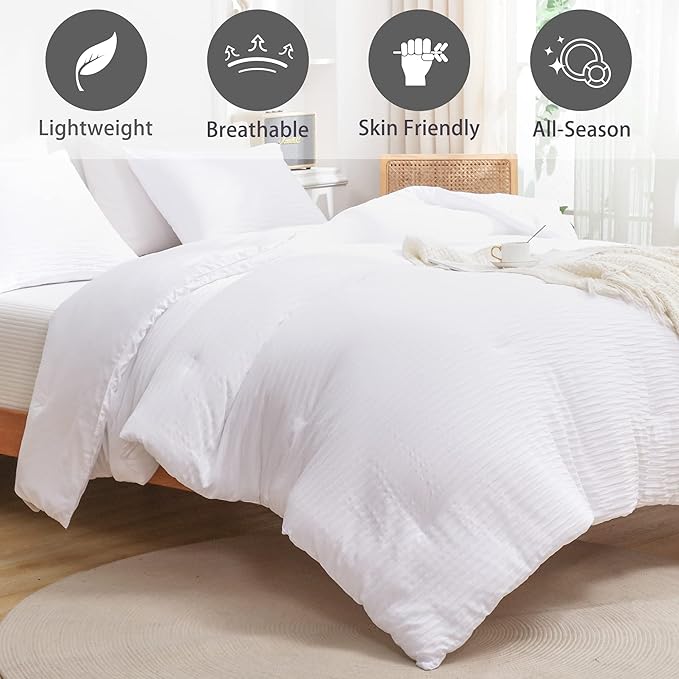 White Seersucker Comforter Set Full Size (79x90 in), 3 Pieces Soft Crinkled Textured Comforter with 2 Pillowcases, Lightweight Microfiber Down Alternative Bedding Set for All Season - LeafyLoom