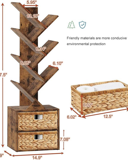 Vagusicc 6 Tier Tree Bookshelf, Modern Floor Standing Bookcase with Storage Drawer, Space Saving Storage Organizer Book Shelves for Books, Tall Wood Storage Rack for Bedroom/Living Room/Home Office - LeafyLoom