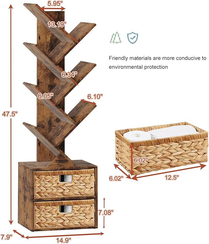 Vagusicc 6 Tier Tree Bookshelf, Modern Floor Standing Bookcase with Storage Drawer, Space Saving Storage Organizer Book Shelves for Books, Tall Wood Storage Rack for Bedroom/Living Room/Home Office - LeafyLoom