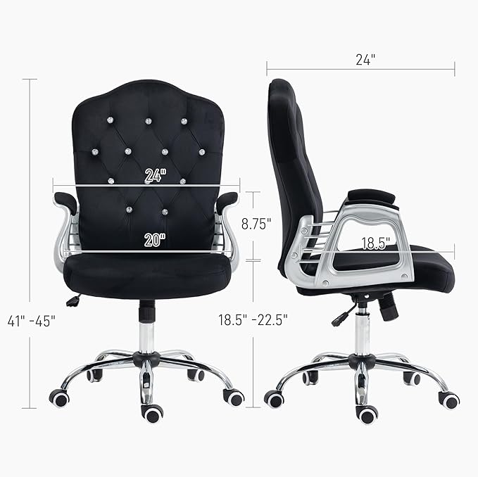 Vinsetto Home Office Chair, Velvet Computer Chair, Button Tufted Desk Chair with Swivel Wheels, Adjustable Height, and Tilt Function, Black - LeafyLoom