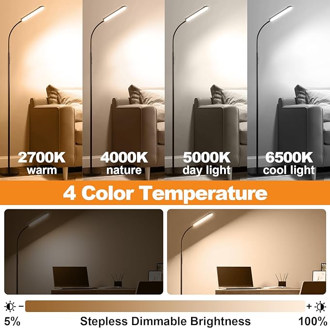[2024 New] Floor Lamp, 18W 1800LM Super Bright LED Light Lamp with Remote & Works with Smart Plug, Dimmable Timing Eye Caring Reading Light Modern Standing Floor Lamp for Living Room Bedroom Office - LeafyLoom