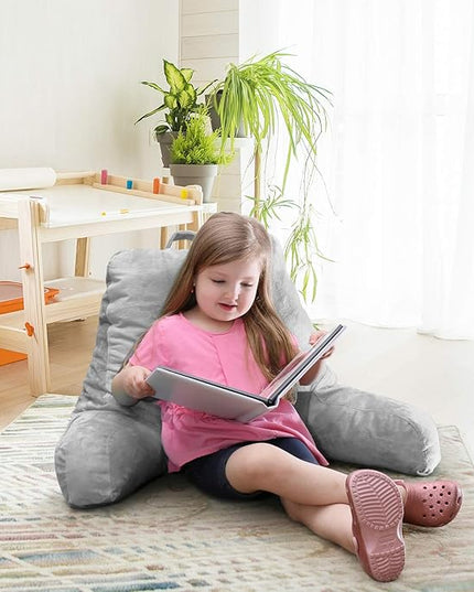 Clara Clark Reading Pillow for Kids, Small Back Pillow for Sitting Up in Bed, Memory Foam Back Support Pillow, Reading Pillows for Sitting in Bed, Light Grey Gaming Pillow with Arms and Pockets - LeafyLoom