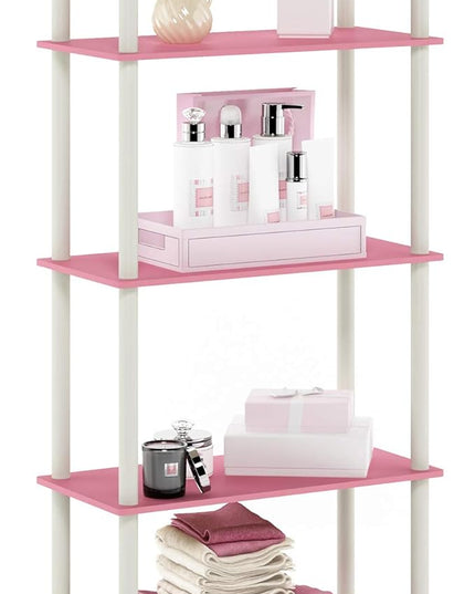 Furinno Turn-N-Tube Multipurpose Shelf / Display Rack / Storage Shelf / Bookshelf, 5-Tier Round Tube, Pink/White - LeafyLoom