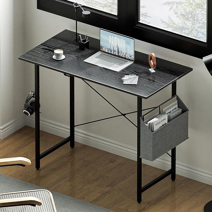 Pamray 32 Inch Computer Desk for Small Spaces with Storage Bag, Home Office Work Desk with Headphone Hook, Small Office Desk Study Writing Table - LeafyLoom