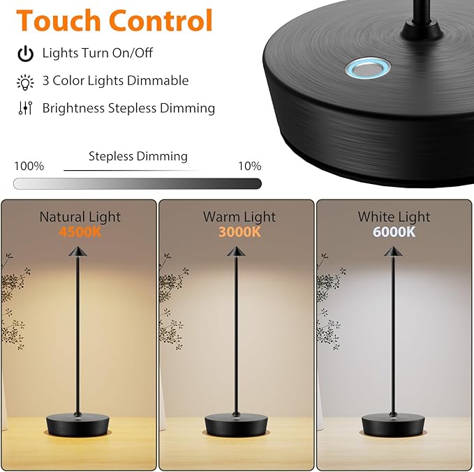 Cordless Rechargeable Table Lamp, 6000mAh Outdoor Waterproof Battery Operated Table Light LED Touch Dimmable Desk Lamps for Patio Dining Restaurant Home Living Room Black - LeafyLoom