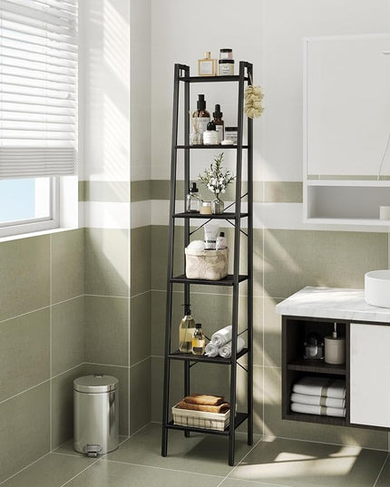Ladder Shelf, Bookshelf Bookcase, Freestanding Corner Storage Shelve with 2 Hooks for Home Office, Living Room, Kitchen, Bedroom, Industrial, 6-Tier Black BC13304B - LeafyLoom