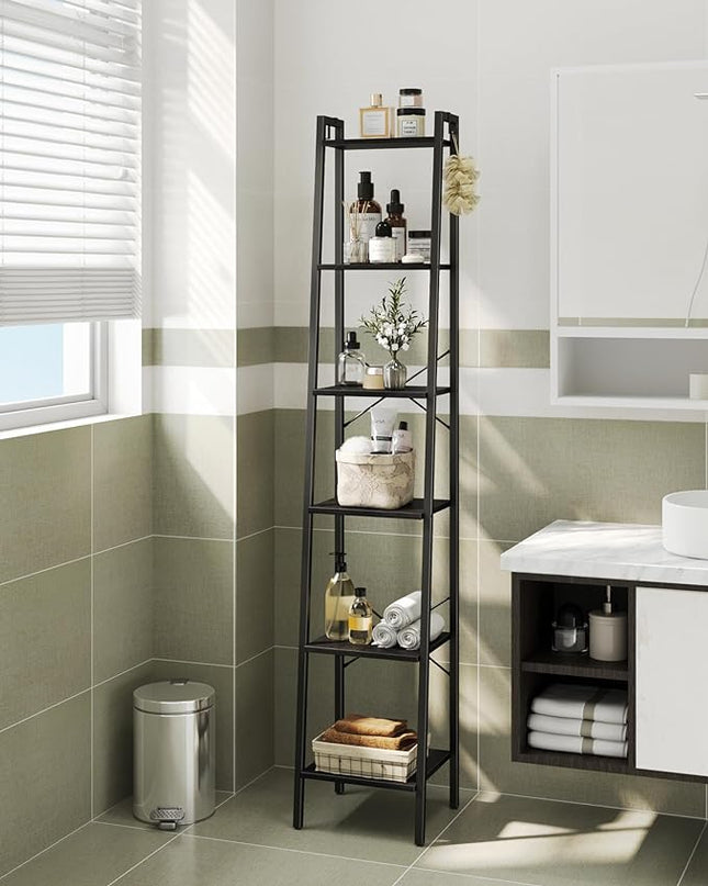 Ladder Shelf, Bookshelf Bookcase, Freestanding Corner Storage Shelve with 2 Hooks for Home Office, Living Room, Kitchen, Bedroom, Industrial, 6-Tier Black BC13304B - LeafyLoom