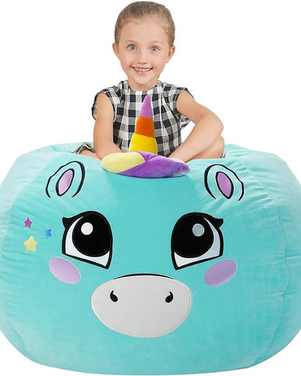 Aubliss Stuffed Animal Storage, Velvet Bean Bag Chairs Cover, Large 32" Ultra Soft Kids Toy Storage Organizer for Blankets Towels Clothes, Cyan Big Eyes - LeafyLoom