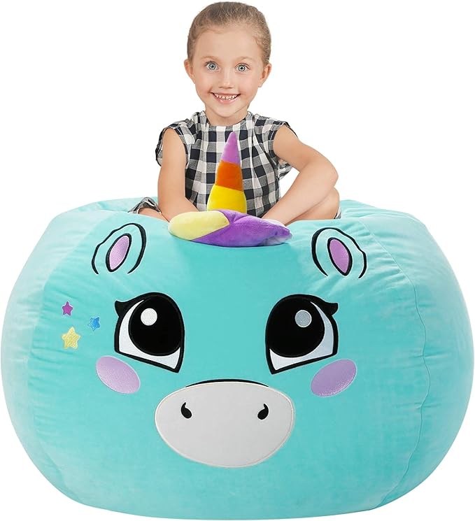Aubliss Stuffed Animal Storage, Velvet Bean Bag Chairs Cover, Large 32" Ultra Soft Kids Toy Storage Organizer for Blankets Towels Clothes, Cyan Big Eyes - LeafyLoom