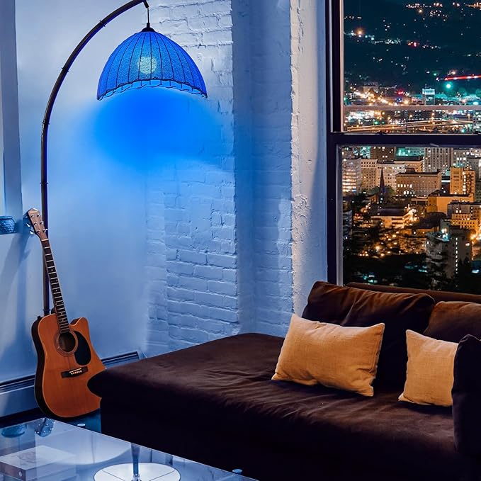 Retro Bamboo Floor Lamp - Unique Bohemian Hanging Arc Floor Lamp with Antique Rattan Style, RGB Colorful Dimmable Vertical Lamp for Dining Room Farmhouse Study Living Room - LeafyLoom