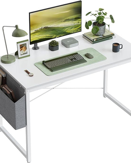 Cubiker Computer Desk 40 inch Home Office Writing Study Desk, Modern Simple Style Laptop Table with Storage Bag, White Metal Frame, White - LeafyLoom