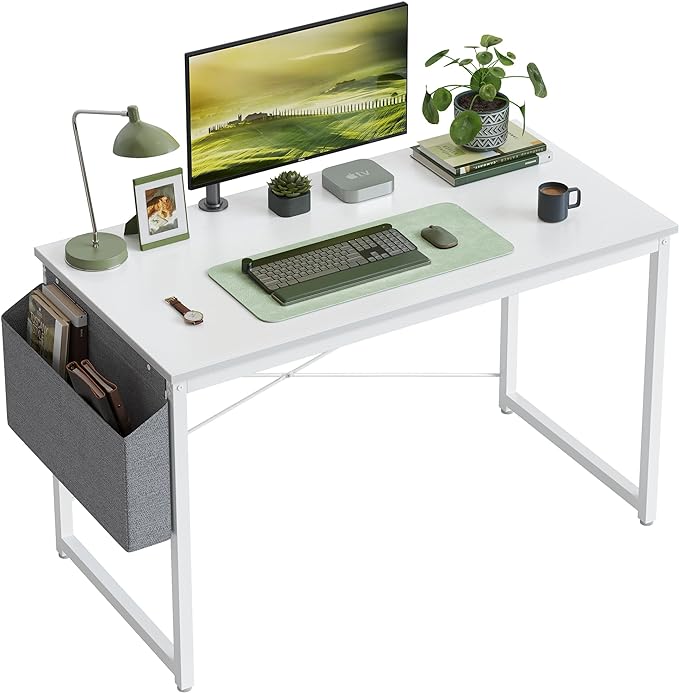 Cubiker Computer Desk 40 inch Home Office Writing Study Desk, Modern Simple Style Laptop Table with Storage Bag, White Metal Frame, White - LeafyLoom